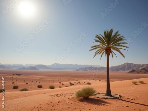 A solitary palm tree standing against a vast, arid desert landscape under the intense sun ,  survival,  heat