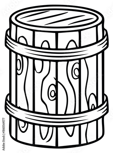Line art drawing of an old wooden barrel showing wood grain and bindings for graphics projects