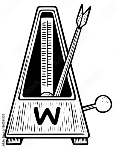 Metronome with Arrow Illustration Black and White Musical Time Tempo Rhythm Tempo Marker Beats Per Minute Instrument