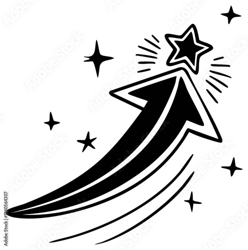 Arrow pointing upward with star symbol, success concept, black and white