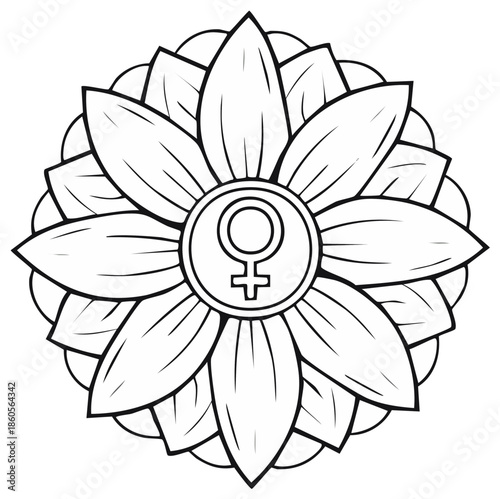 Circular floral design with female gender symbol at the center in black and white illustration