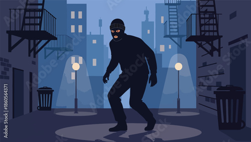 Modern vector illustration of masked criminal silhouette sneaking through city alley at night, crime awareness and urban security concept