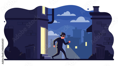 Modern vector illustration of masked criminal silhouette sneaking through city alley at night, crime awareness and urban security concept