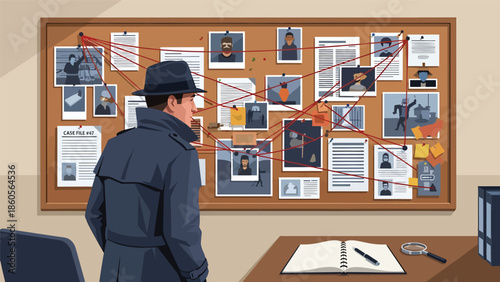 Modern vector illustration of police detective analyzing evidence board, crime investigation and law enforcement intelligence concept