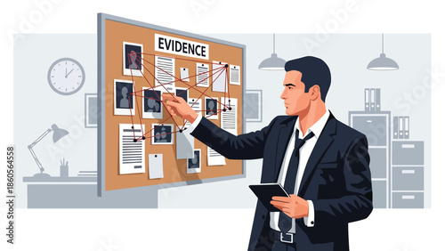 Modern vector illustration of police detective analyzing evidence board, crime investigation and law enforcement intelligence concept