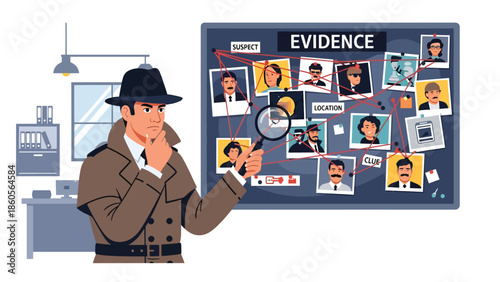 Modern vector illustration of police detective analyzing evidence board, crime investigation and law enforcement intelligence concept