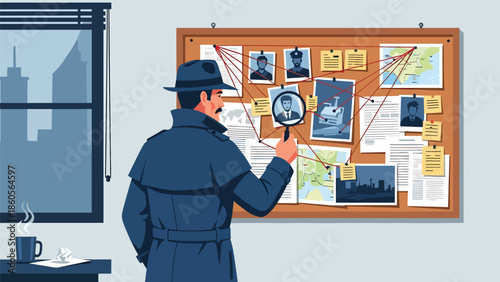 Modern vector illustration of police detective analyzing evidence board, crime investigation and law enforcement intelligence concept