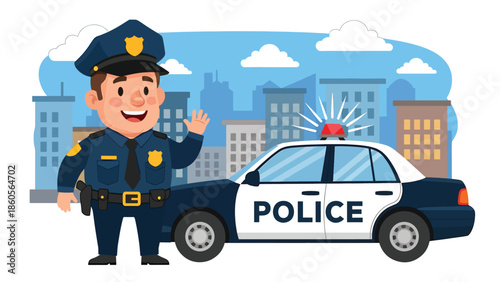 Modern vector illustration of police officer standing beside patrol car on city street, public safety and crime prevention concept