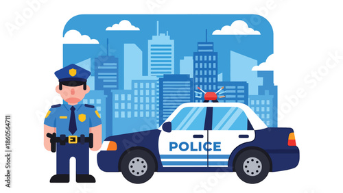 Modern vector illustration of police officer standing beside patrol car on city street, public safety and crime prevention concept