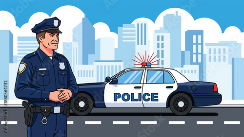 Modern vector illustration of police officer standing beside patrol car on city street, public safety and crime prevention concept