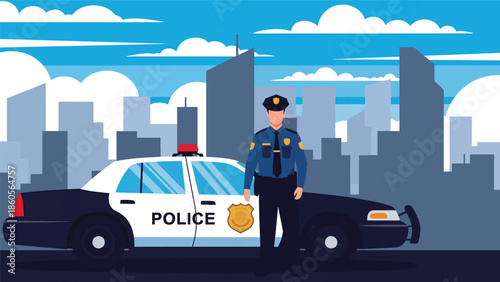 Modern vector illustration of police officer standing beside patrol car on city street, public safety and crime prevention concept
