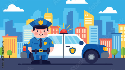 Modern vector illustration of police officer standing beside patrol car on city street, public safety and crime prevention concept