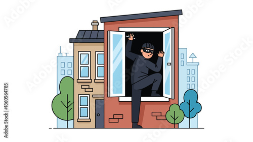 Modern vector illustration of burglar silhouette entering window, property crime and home security awareness concept