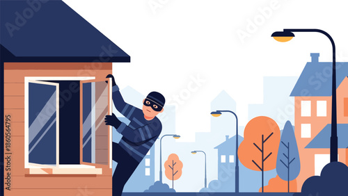 Modern vector illustration of burglar silhouette entering window, property crime and home security awareness concept