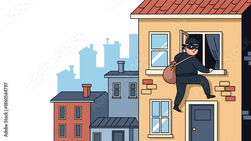 Modern vector illustration of burglar silhouette entering window, property crime and home security awareness concept