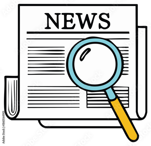 Magnifying glass over newspaper showing NEWS headline and text