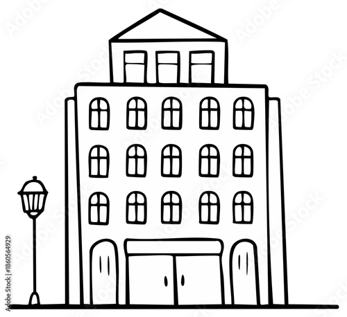 Simple Outline Illustration of a Tall Classic Building with Archways and a Lamp Post