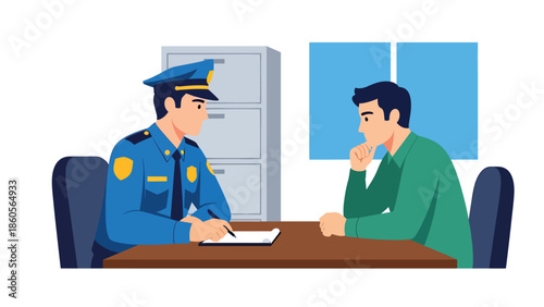 Modern vector illustration of police officer interviewing witness at desk, investigation process and criminal inquiry concept