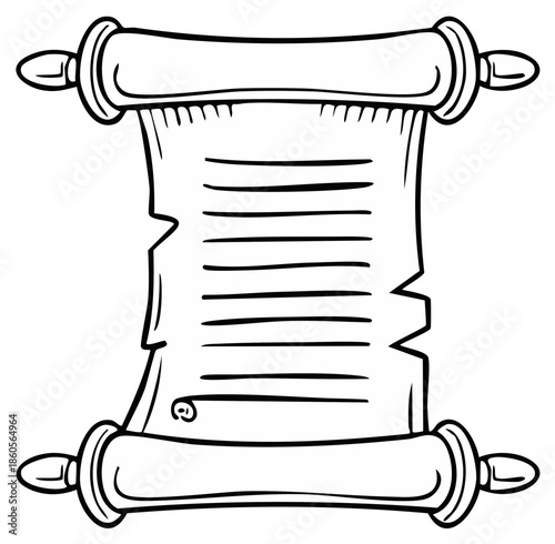 Hand Drawn Illustration of an Ancient Scroll with Text and Wooden Rods