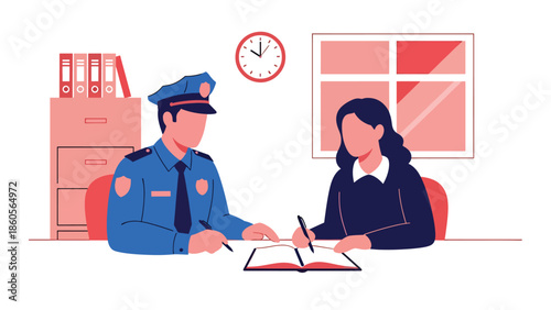 Modern vector illustration of police officer interviewing witness at desk, investigation process and criminal inquiry concept