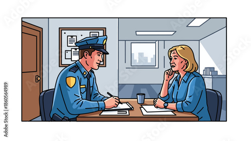 Modern vector illustration of police officer interviewing witness at desk, investigation process and criminal inquiry concept