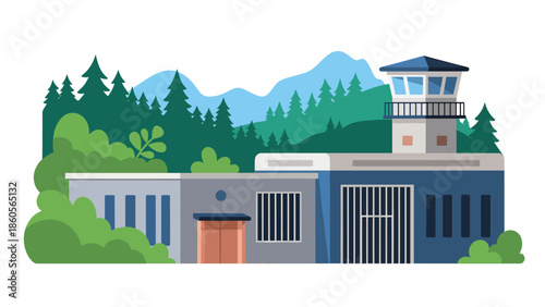 Modern vector illustration of prison exterior with guard tower, correctional system and criminal justice concept