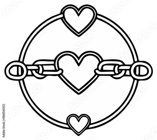 Linked hearts circle with chain vector design Valentine's Day, love and connection drawing illustration