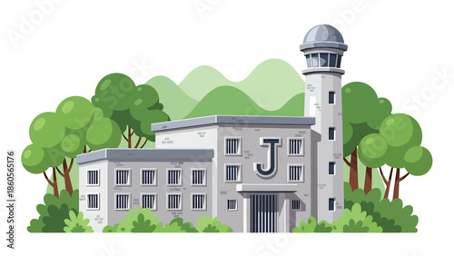 Modern vector illustration of prison exterior with guard tower, correctional system and criminal justice concept