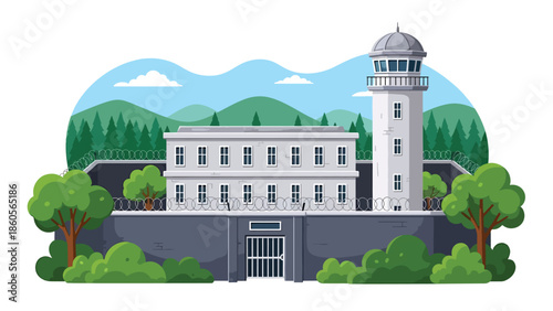 Modern vector illustration of prison exterior with guard tower, correctional system and criminal justice concept