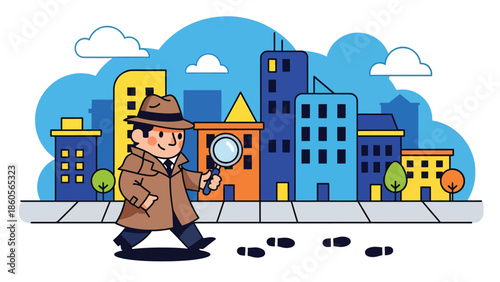 Modern vector illustration of detective following footprints in city street, crime investigation and pursuit concept
