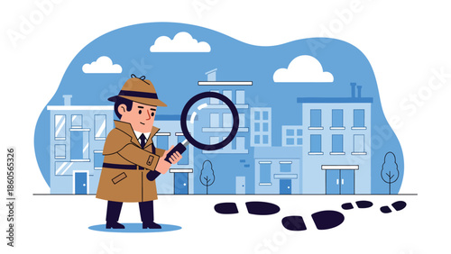 Modern vector illustration of detective following footprints in city street, crime investigation and pursuit concept