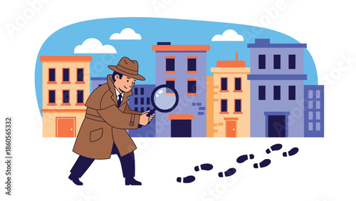 Modern vector illustration of detective following footprints in city street, crime investigation and pursuit concept