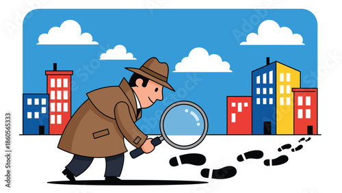 Modern vector illustration of detective following footprints in city street, crime investigation and pursuit concept