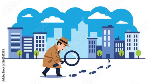 Modern vector illustration of detective following footprints in city street, crime investigation and pursuit concept