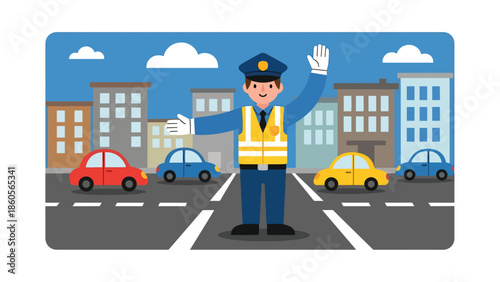 Modern vector illustration of police officer managing traffic, public safety and law enforcement control concept