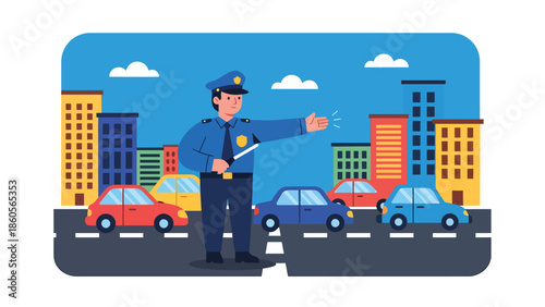 Modern vector illustration of police officer managing traffic, public safety and law enforcement control concept