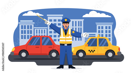 Modern vector illustration of police officer managing traffic, public safety and law enforcement control concept