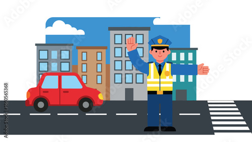 Modern vector illustration of police officer managing traffic, public safety and law enforcement control concept
