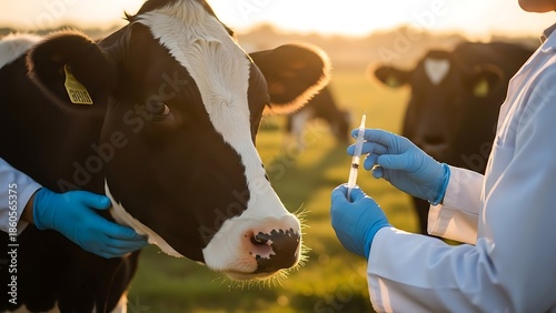 Veterinarian Administering Vaccine to Dairy Cow in Field at Sunset.
