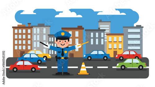 Modern vector illustration of police officer managing traffic, public safety and law enforcement control concept