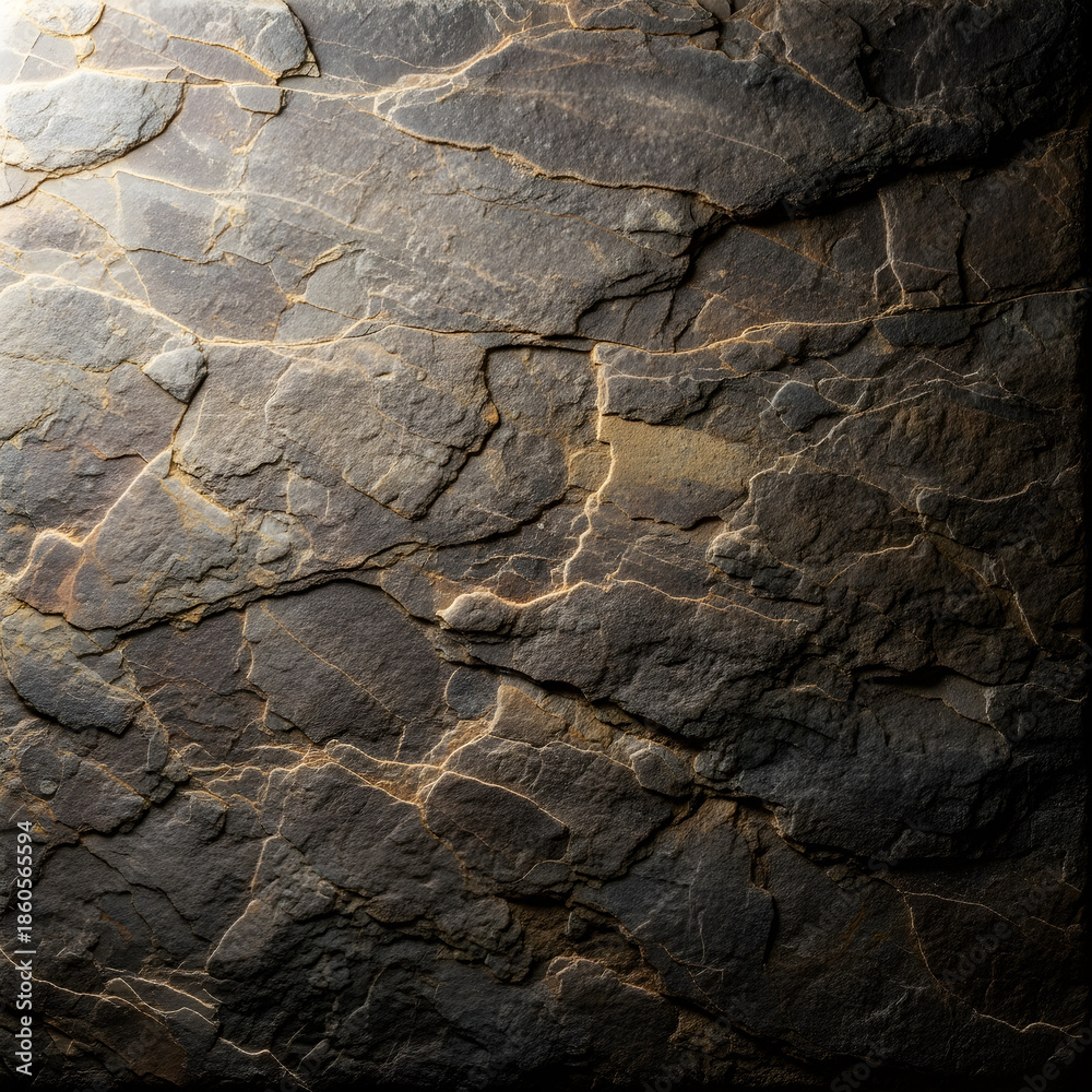 Fototapeta premium Dramatic lighting on a rough dark stone surface with intricate natural cracks and golden accents, ideal for backgrounds and textures.