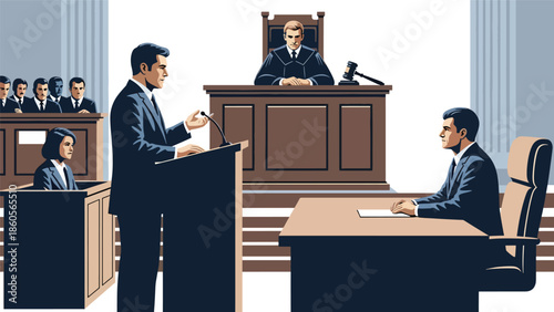 Modern vector illustration of courtroom trial with lawyers presenting case, criminal law and justice process concept