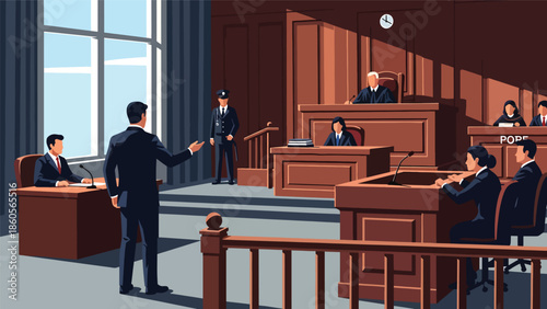 Modern vector illustration of courtroom trial with lawyers presenting case, criminal law and justice process concept