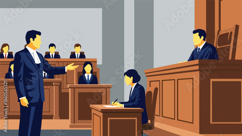 Modern vector illustration of courtroom trial with lawyers presenting case, criminal law and justice process concept