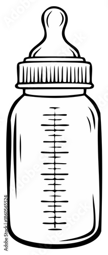 Black and white outline illustration of a baby feeding bottle with nipple and measurement markings