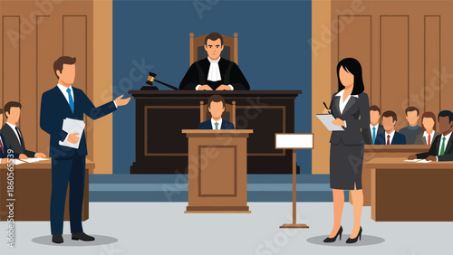 Modern vector illustration of courtroom trial with lawyers presenting case, criminal law and justice process concept