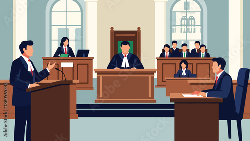 Modern vector illustration of courtroom trial with lawyers presenting case, criminal law and justice process concept