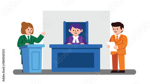 Modern vector illustration of courtroom trial with lawyers presenting case, criminal law and justice process concept
