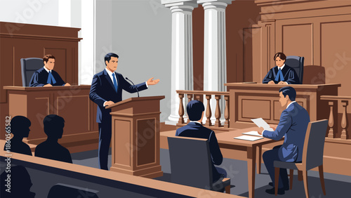 Modern vector illustration of courtroom trial with lawyers presenting case, criminal law and justice process concept