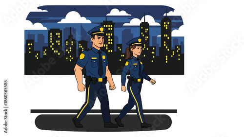 Modern vector illustration of police patrol walking city street at night, law enforcement presence and urban safety concept